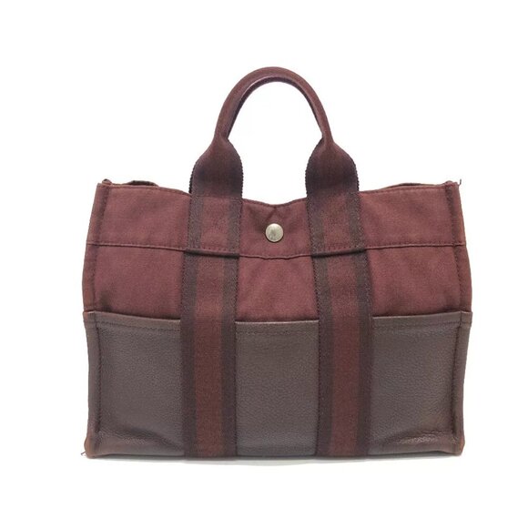HERMES Half leather Fourre ToutPM Bag Tote Bag Handbag Wine red Based